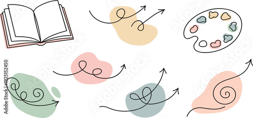 Hand Drawn Doodle Element Set with Open Book, Art Palette, and Decorative Swirl Arrows for Creative Journaling, Educational Graphics, and Minimalist Design Projects