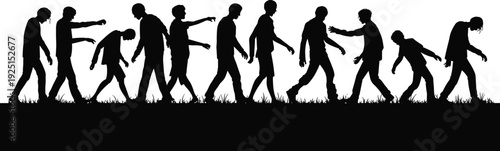 Zombie silhouettes walking, horror illustration, undead figures, apocalypse concept, eerie movement, Halloween design, vector art, black silhouette, isolated