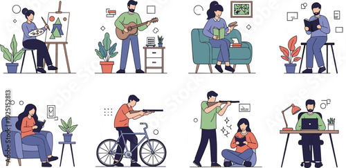 People Enjoying Different Hobbies Flat Vector Illustration Set with Painting Music Reading Cycling Photography and Creative Activities Lifestyle Collection Design