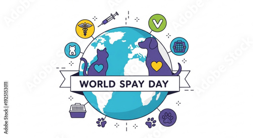 World spay day awareness graphic with globe dogs cats and veterinary symbols