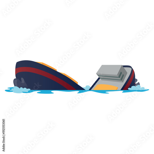 An illustration of a sinking ship with cargo boxes spilling into the water. A maritime wreck or accident.