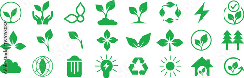 Ecology icon set. Set of green leaves. Nature, environment, tree, tree branch flat icon. Nature icon. Eco green icons. Green eco icons with plant leaves for nature