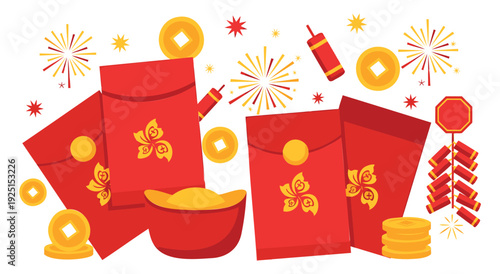 Chinese new year red envelopes gold coins and firecrackers