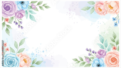 Vibrant floral border with pastel roses and leaves on white background