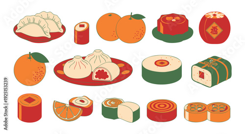 Chinese new year food icons dumplings oranges and cake