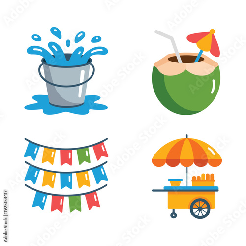 Festival decorations set with splashing water bucket, coconut drink, bunting flags, street vendor cart for songkran thai new year design