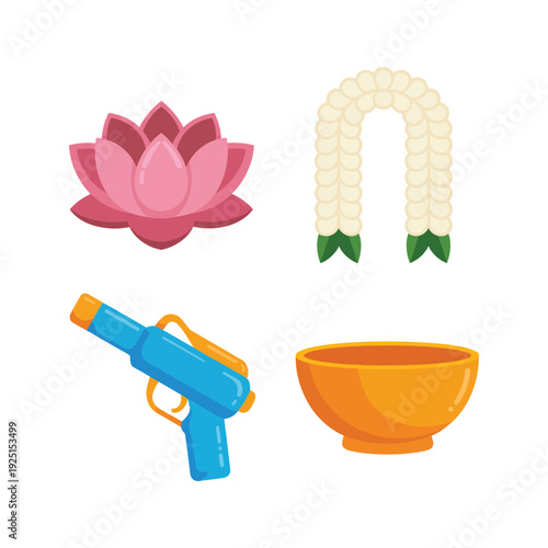 Songkran festival essentials with lotus flower, jasmine garland, water gun, golden bowl for thai new year ceremony, cultural celebration design