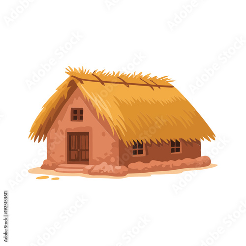 Traditional thatched mud house illustration for village tourism banner, cultural heritage event, rural homestay promotion, craft fair, countryside design