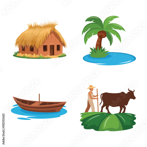 Riverside village set with thatched home, palm, fishing boat, rocky island goat for eco travel, monsoon season poster, countryside design
