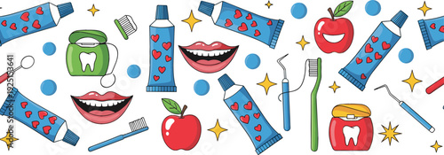 Cute dental care cartoon vector illustration set with toothpaste, toothbrush, smiling teeth, apples and oral hygiene elements for kids, dentistry and healthcare design