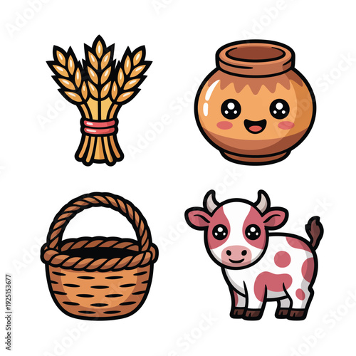 Harvest festival icons with wheat bundle, clay pot, woven basket, cute calf for village fair poster, agriculture celebration, seasonal design