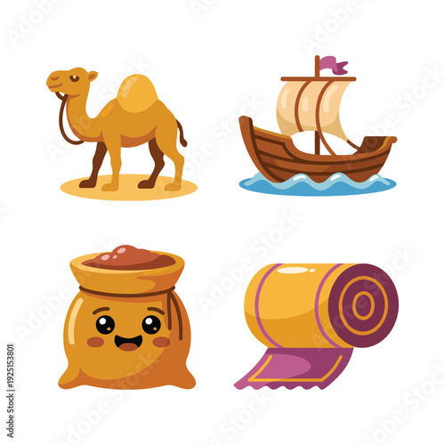 Camel, sailing boat, coin jar and rolled carpet icons for desert trade route, travel agency, cultural festival, history education design
