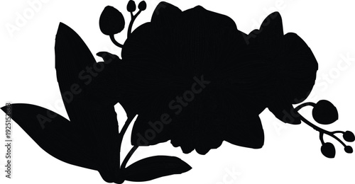 described showcases a silhouette of a flower, likely an orchid, presented in solid black against a clean white background. This high-contrast design emphasizes the flower's elegant shape and intricate