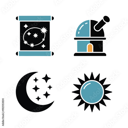 Astronomy night icon set with constellation scroll, observatory telescope, moon and sun symbols for science camp, space education poster design