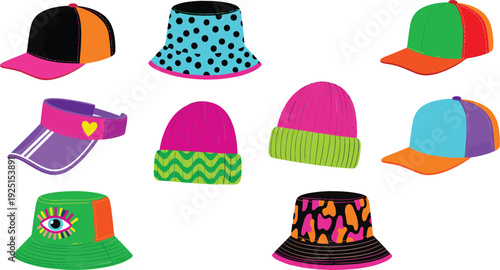 Colorful trendy hats vector illustration set with caps, bucket hats and beanies in bright pop art style, modern fashion accessories for youth and streetwear design