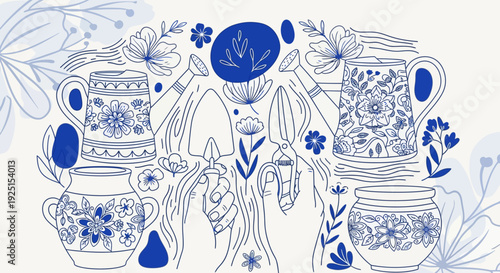 Vector illustration of blue and white floral tea cups