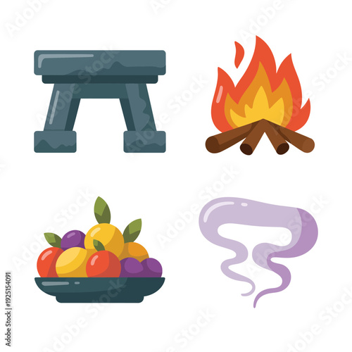 Ceremonial altar with sacred fire fruit bowl and purple incense, worship illustration for religious festival, harvest thanksgiving, spiritual gathering invitation