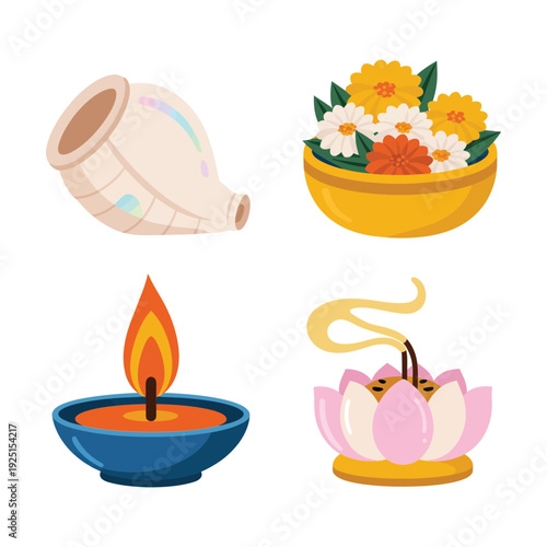 Conch shell flower offering bowl and glowing diyas, hindu puja vector illustration for religious festival, wedding ceremony, spiritual background design