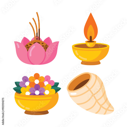 Offering bowl with flowers, golden oil lamp, incense sticks, conch shell ritual icon set for temple ceremony, meditation, worship design