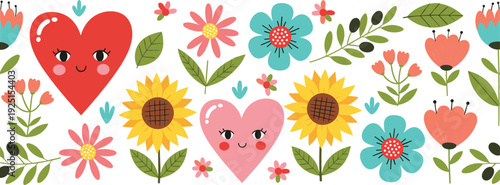 Cute hearts and flowers vector illustration border with smiling heart characters and colorful floral elements, romantic decorative design for greeting cards, love themes and spring layouts