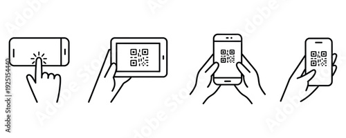 Hands holding devices scanning QR codes on screens