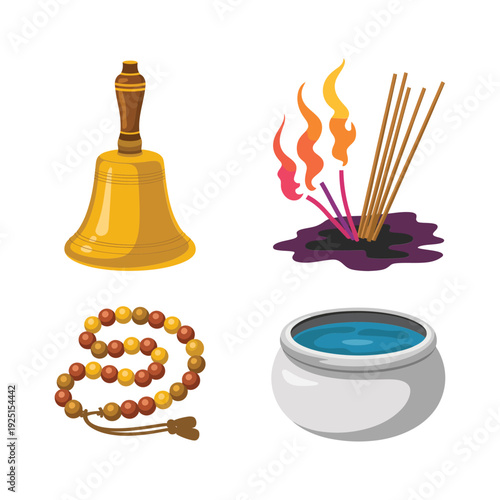 Meditation altar set with brass bell, incense sticks, mala beads and water bowl, spiritual ceremony vector for temple, wellness design