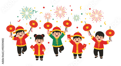 Happy children celebrating chinese new year with lanterns