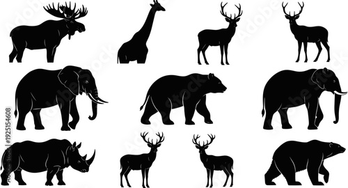 Wild animal silhouette collection, elephant, bear, rhino, moose, giraffe, deer, set of nature wildlife icons, isolated on white background, vector illustration,