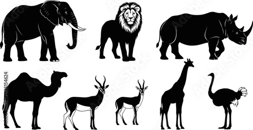African, safari, animals, silhouette, set, including, elephant, lion, rhino, camel, gazelle, giraffe, ostrich, wildlife, collection, isolated, on, white, background, vector