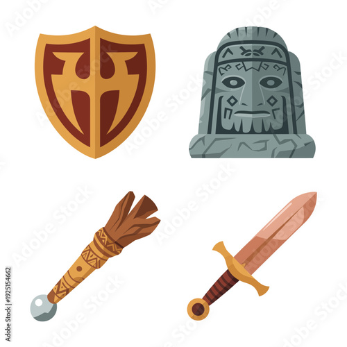 Ancient warfare icons set, engraved stele, warrior shield, bronze sword, ritual mace, history festival poster, living history session materials