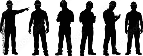Construction, worker, engineer, builder, silhouette, industrial, safety, helmet, technician, professional, occupation, architecture, engineering, industry, set, group, standing, pointing, working, mal
