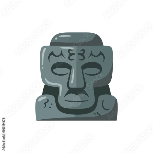Archaeology exhibit icon, carved stone idol face, ancient statue marker, museum night poster, excavation lecture session, heritage education graphics