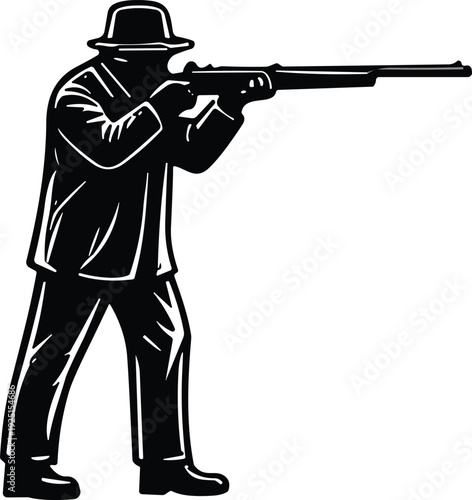 Vintage marksman silhouette aiming rifle, person in hat and coat vector illustration for hunting, retro firearm, historical design content