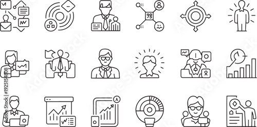 Collection of business and finance icons representing analytics planning strategy and professional teamwork with people