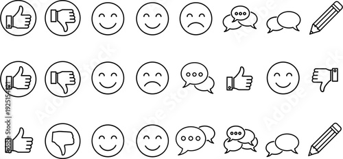 Set, of, linear, user, feedback, icons, including, thumbs, up, thumbs, down, happy, and, sad, faces, speech, bubbles, and, pencils, for, review, and, communication, vector.