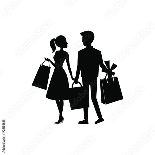 Elegant Couple Shopping with Gift Boxes and Luxury Bags Black Silhouette Vector. 