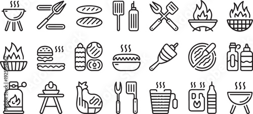 Collection of cooking and kitchen utensils icons isolated on transparent background
