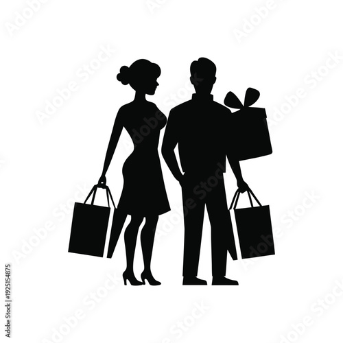 Elegant Couple Shopping with Gift Boxes and Luxury Bags Black Silhouette Vector. 