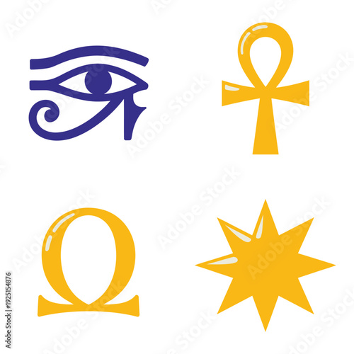 Mystic icon pack featuring eye of Horus, golden ankh, omega glyph and radiant sun star for religion culture content