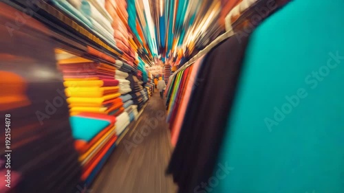 Motion blurred train passing colorful shelves inside tunnel with dynamic speed effect