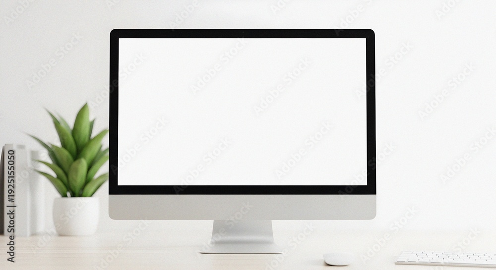 Fototapeta premium Modern All-in-One Desktop Computer with Blank Screen Ready for Content in Minimalist Bright Office Workspace with Clean Aesthetic