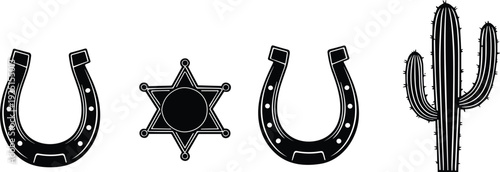Western icons, horseshoe sheriff badge cactus silhouettes, cowboy culture vector illustration, American Wild West heritage design graphics collection