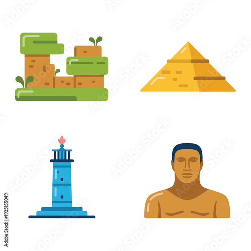 Ancient monuments vector set with pyramids, lighthouse, statue bust for archaeology day poster, museum night event, heritage tourism design