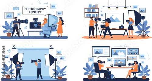 Photography Studio and Editing Concept Illustration Set with Camera Crew Lighting Equipment and Post Production Workspace Scenes for Creative Media Design