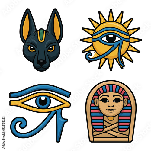 Egyptian mythology icons featuring Anubis head, radiant sun, protective eye, sarcophagus for archaeology month poster, cultural heritage event, education design