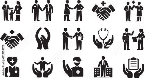 Collection of diverse professional and social interaction icons isolated on transparent background