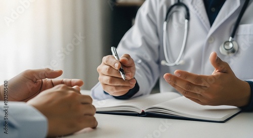 Physician Guiding Patient Through Diagnosis in Private Consultation Room with Warm Light