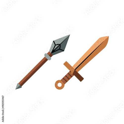 Ancient weapon icon set with straight sword and sharp spear, battle game equipment, medieval combat illustration for fantasy war design
