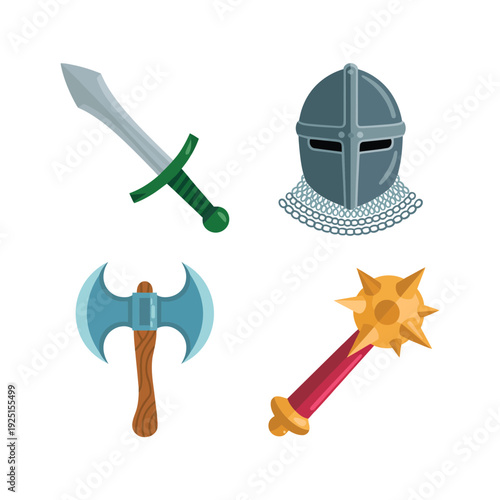 Medieval knight weapon and armor set with sword, chainmail helmet, double axe and spiked mace, fantasy battle game illustration design