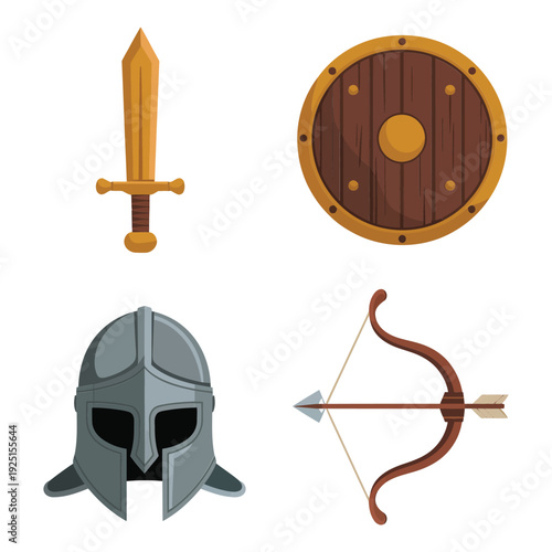 Knight helmet, wooden sword, round shield and bow, medieval weapon vector for archery tournament, renaissance fair, historical education project